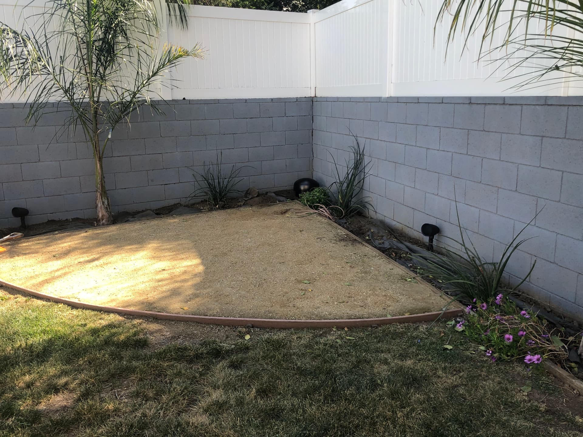Backyard landscape speakers nestled among ornamental grasses and palm trees with clean sightlines